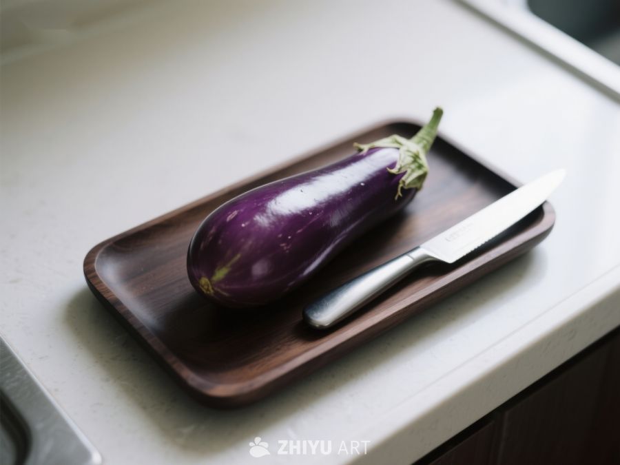 茄子与刀置于木质托盘上 303