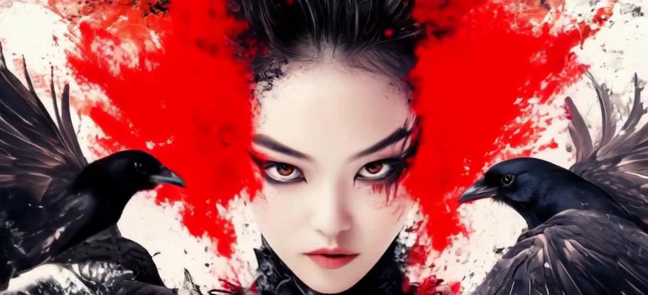 一个女性的脸部特写，红色的墨水飞溅在她的头部周围，