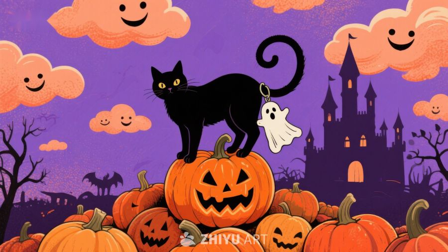 万圣节夜景：黑猫与南瓜灯