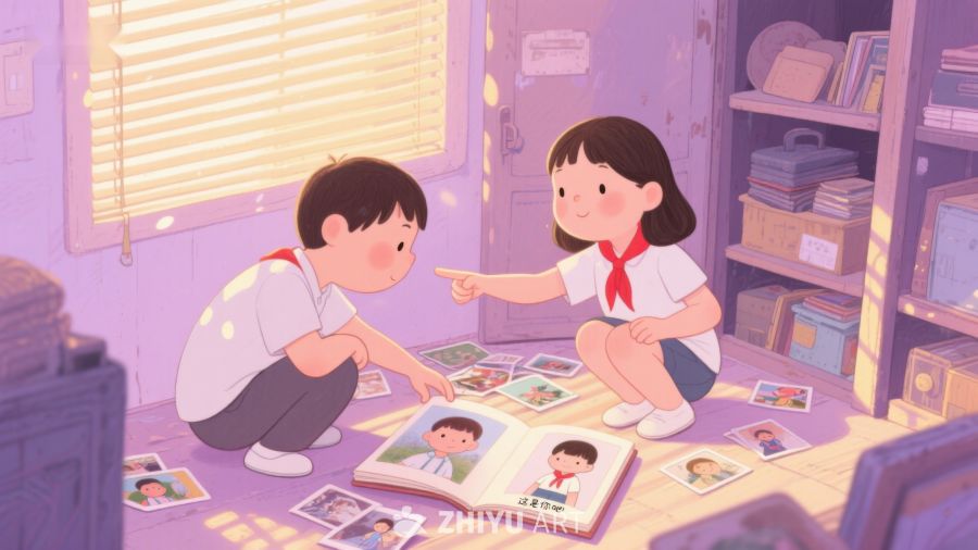 两个孩子在房间里翻看相册 213