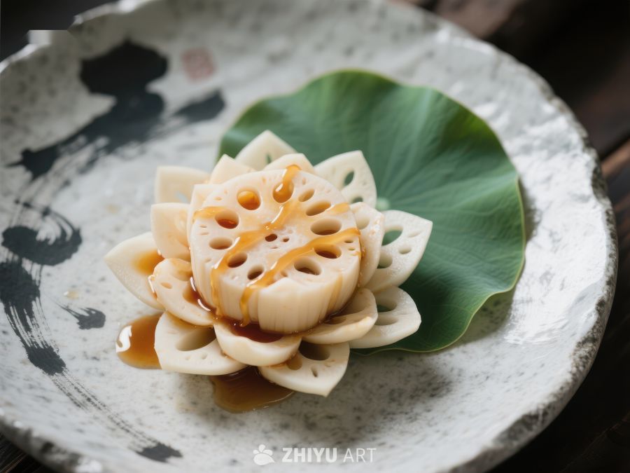 莲藕花式摆盘，淋上酱汁 794