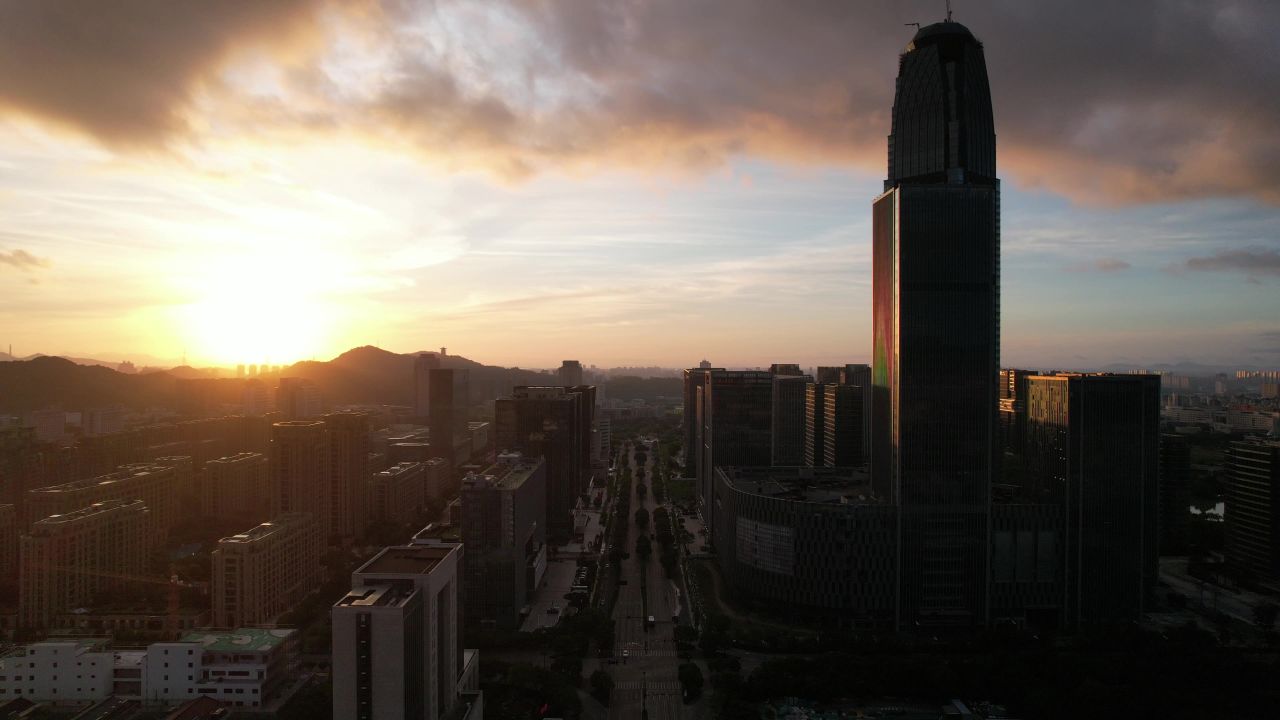  浙江台州城市高楼日出彩霞航拍