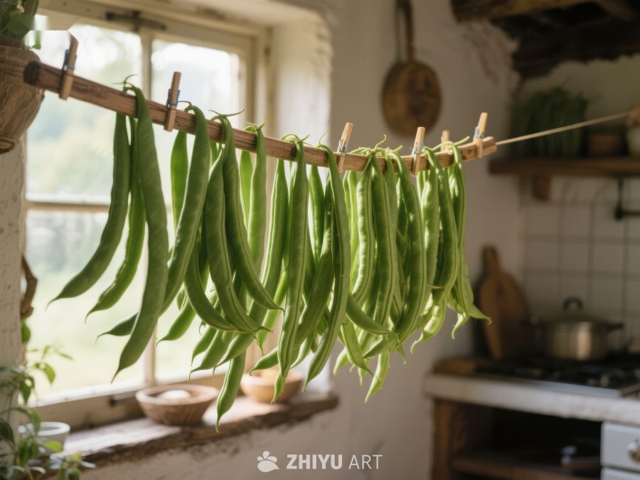 厨房窗前晾晒的绿色豆角 74