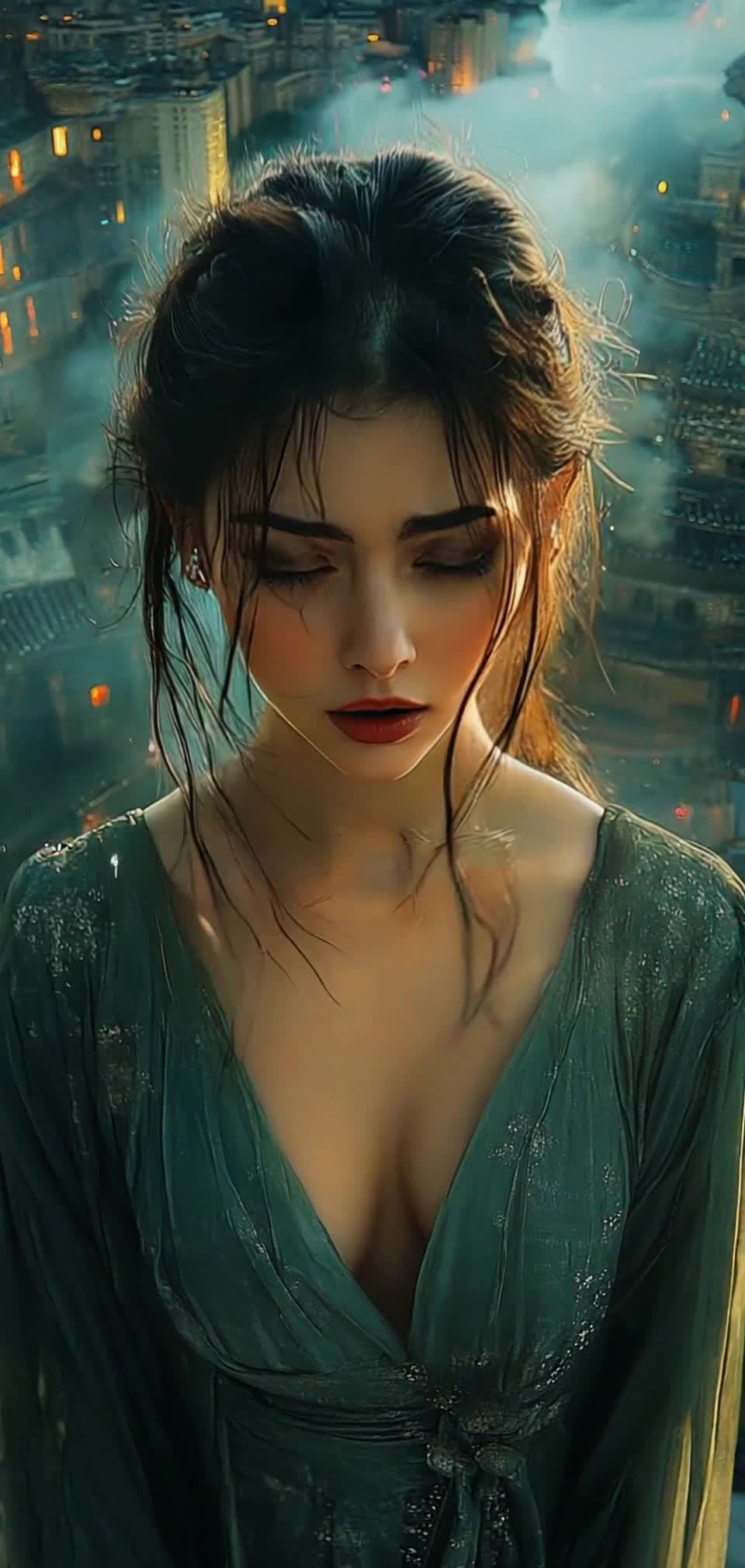 一位年轻女性，深色头发略显凌乱地盘起，一些发丝散落