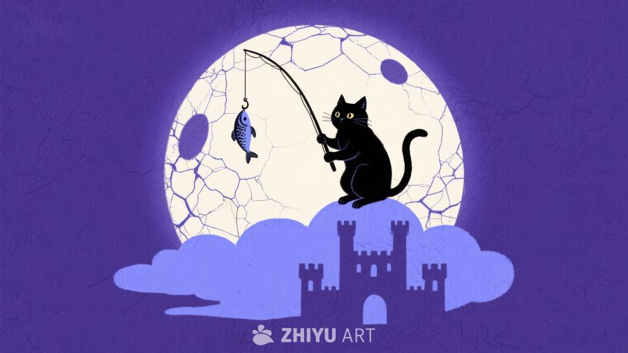 黑猫月下钓鱼，城堡云间浮现