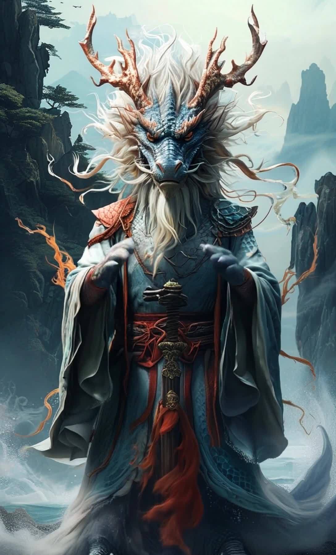 一个拟人化的龙站在水边，背景是山脉。这个龙的头部是