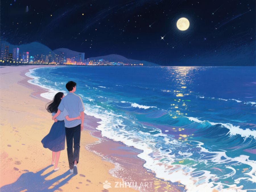 夜海边的浪漫情侣 952