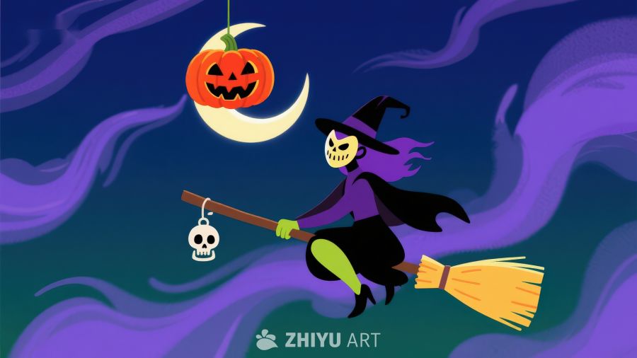 万圣夜巫女骑扫帚飞过月亮