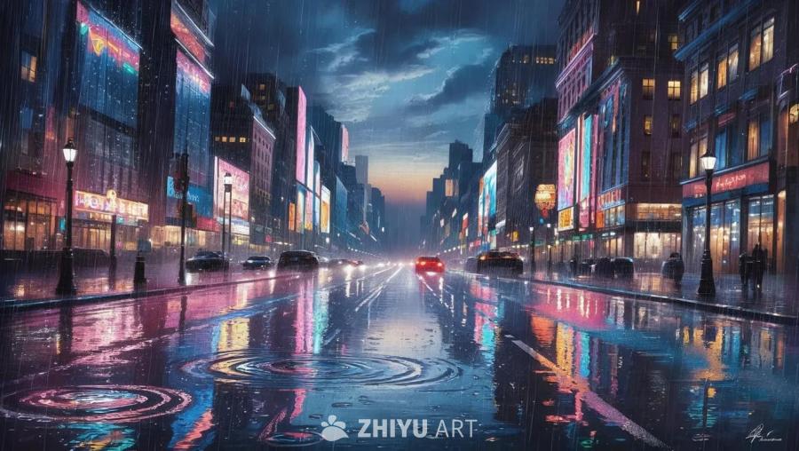 夜间下着雨的城市景观，霓虹灯和窗户的彩色灯光反射在