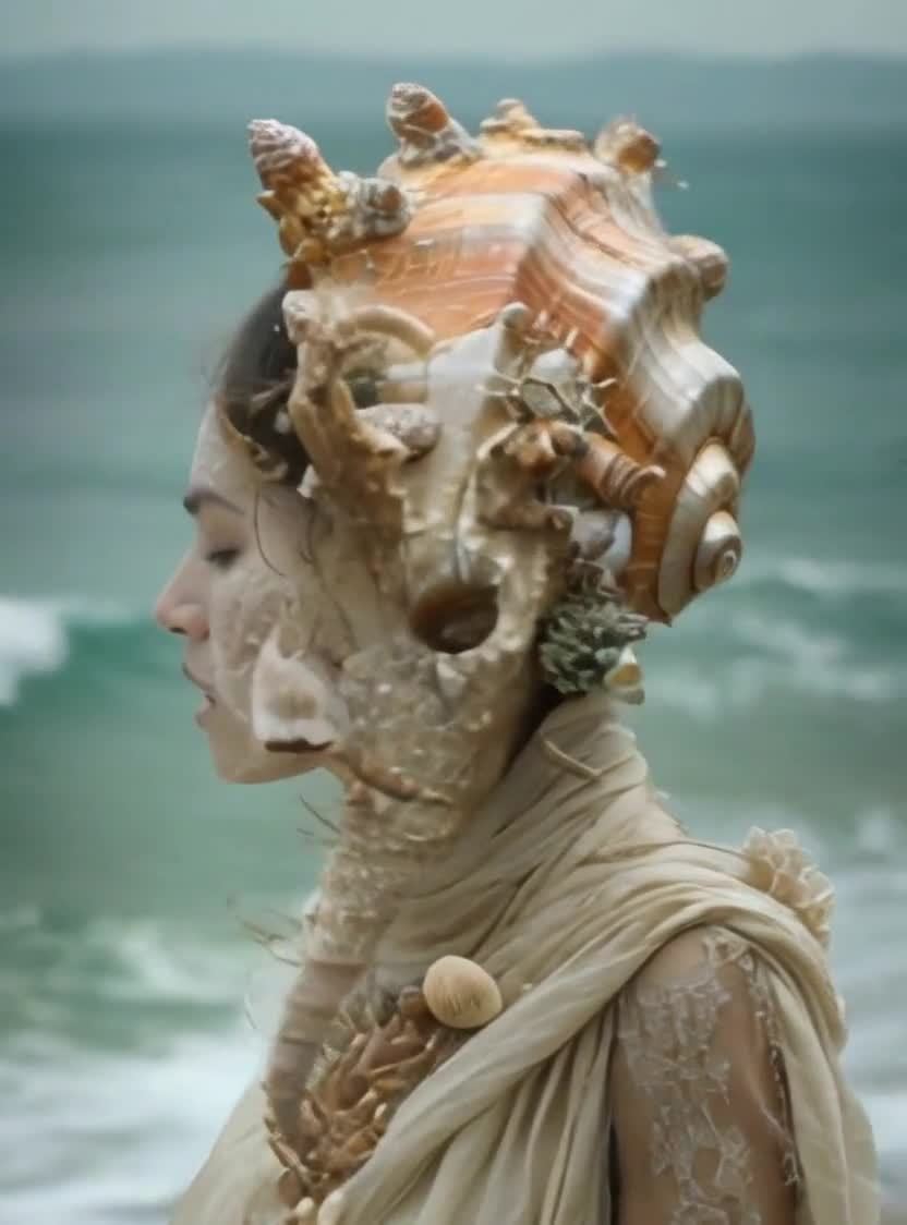 海螺头人身披米色长袍立海边