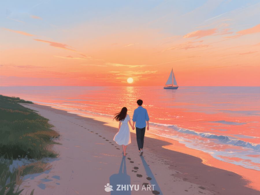 情侣海滩漫步，夕阳帆船相伴 540