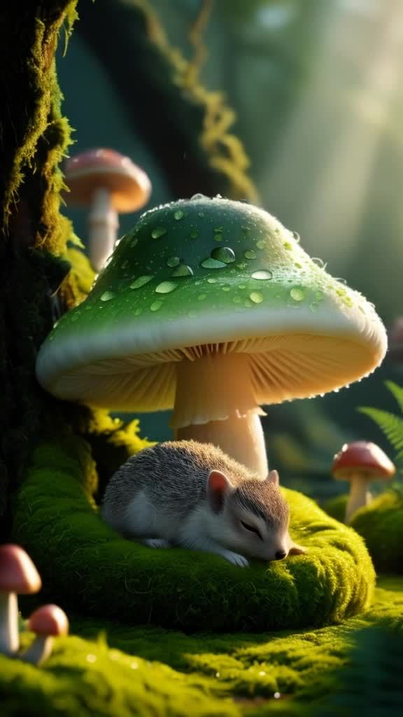 一只刺猬侧卧在绿色的苔藓上，它闭着眼睛。上方有一朵