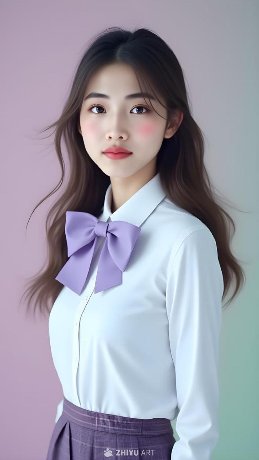 一名年轻女子，身穿白色衬衫和紫色格子裙，佩戴浅紫色