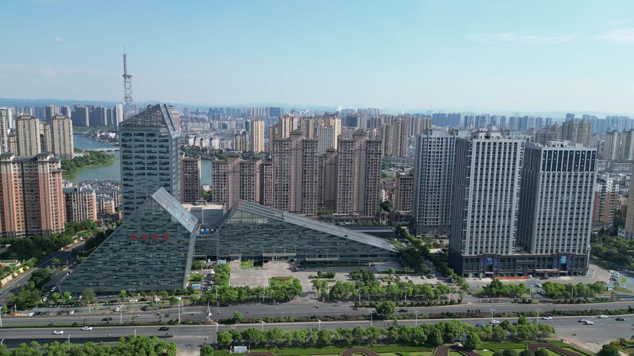 航拍新余图书馆文化中心广电大楼
