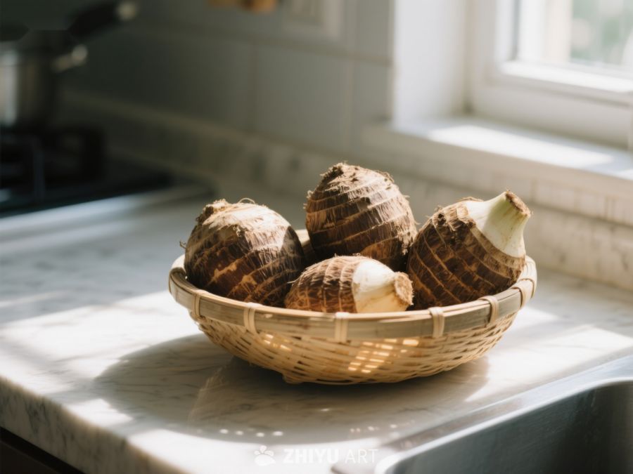 竹篮中的芋头置于厨房窗台 629