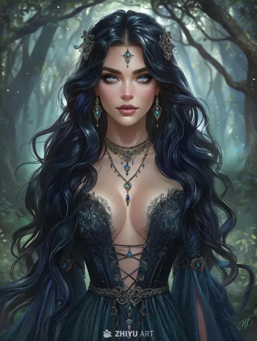 一个穿着深V低胸连衣裙的女子，留着黑色的长发，戴着