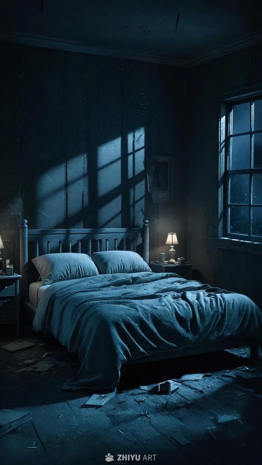 夜晚，一间昏暗、怪异的卧室，阴影爬满了墙壁。一张床