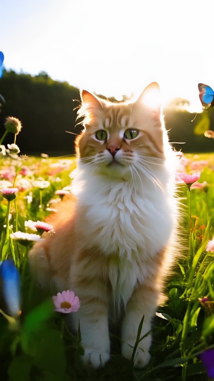一只毛茸茸的猫坐在开满野花的草地上，阳光照射在它身