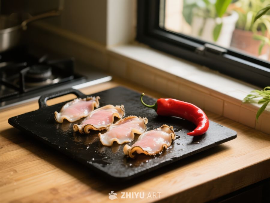 砧板上的生肉与红辣椒