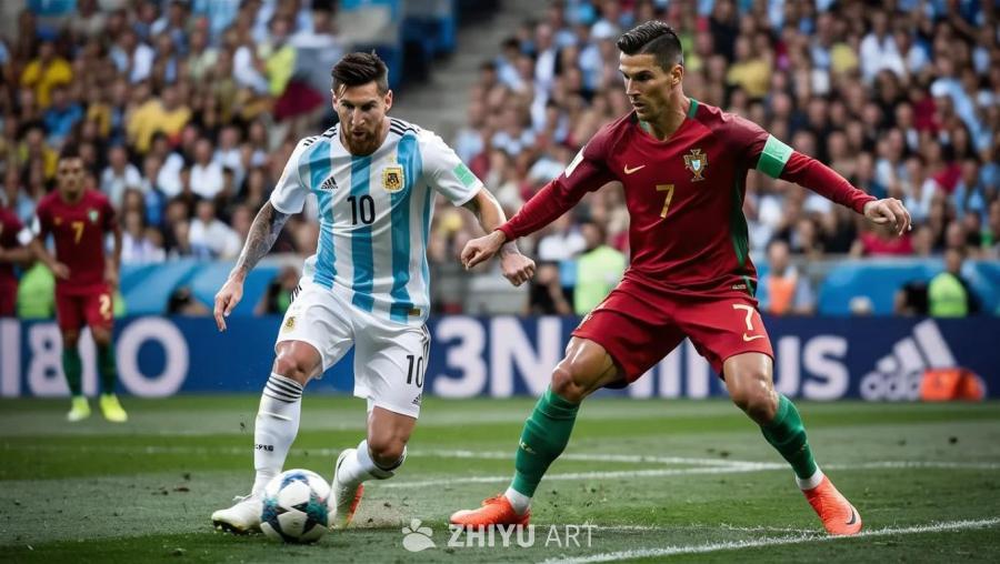 两位足球运动员身穿各自国家队的球衣在足球场上。一位