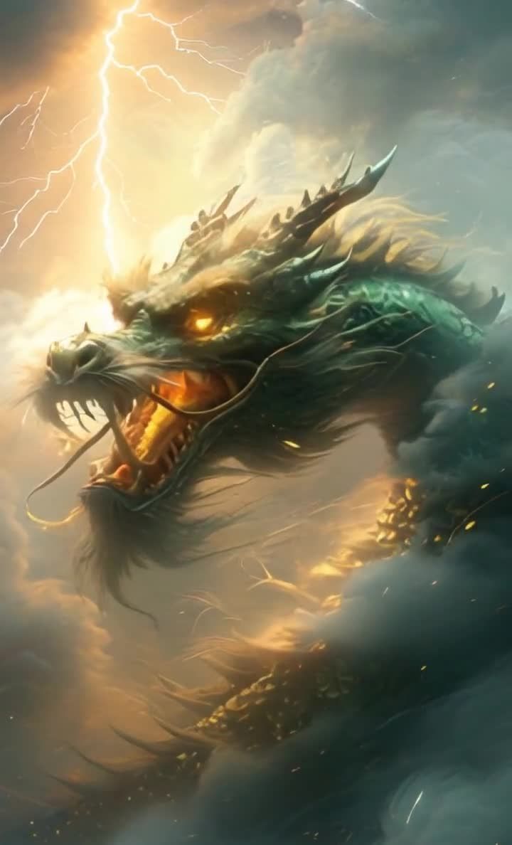 雷电交加，绿龙在云雾中咆哮怒吼。