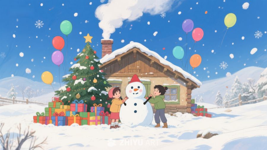 雪中欢庆：孩子们与雪人共度圣诞 509