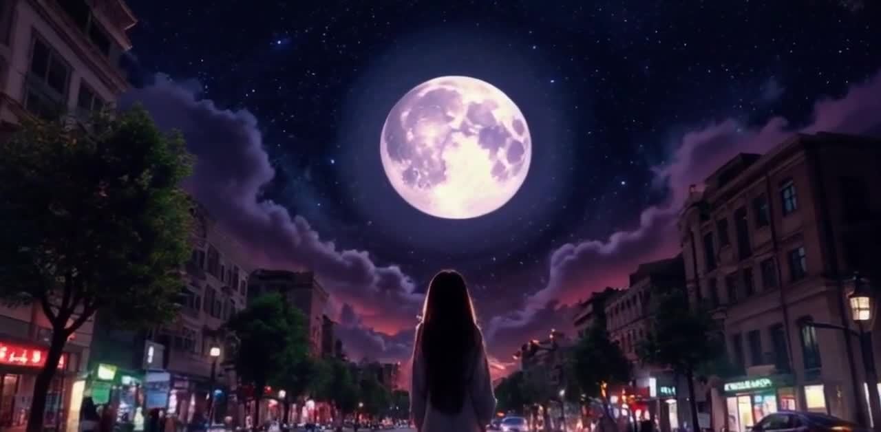 女孩夜望城市星空满月