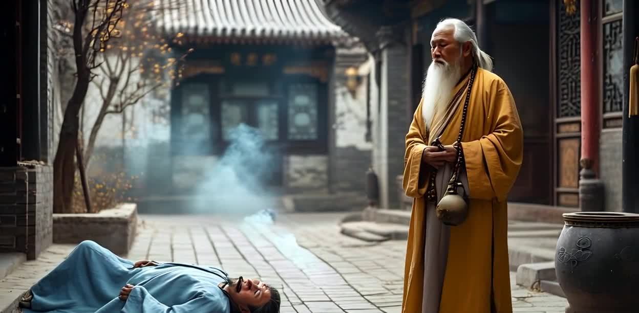 身穿黄色长袍、留着白色长发的道士站在类似王生家的院