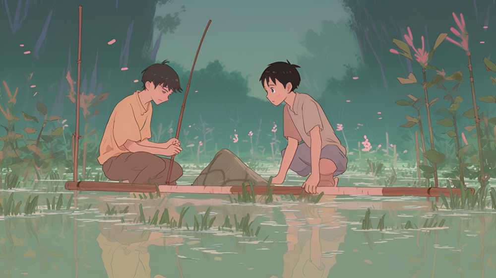 两个男孩湖里抓玩