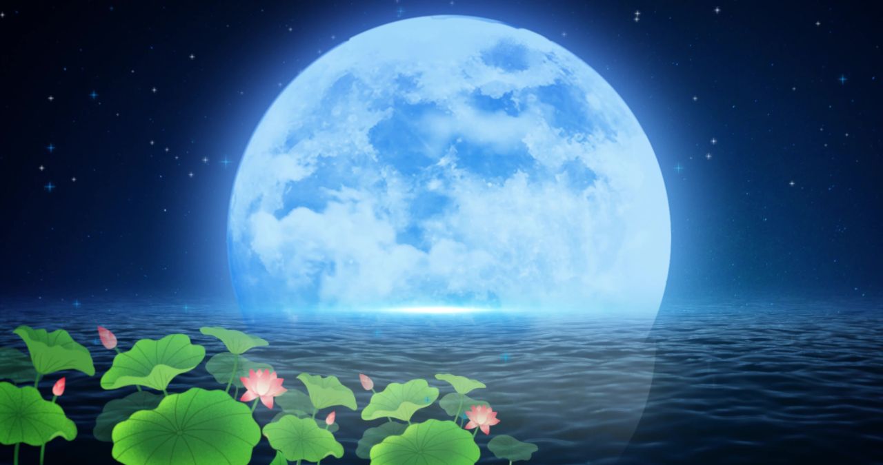 唯美大海上升月亮白月光蓝色夜空圆月明月大屏幕舞台LED视频  95