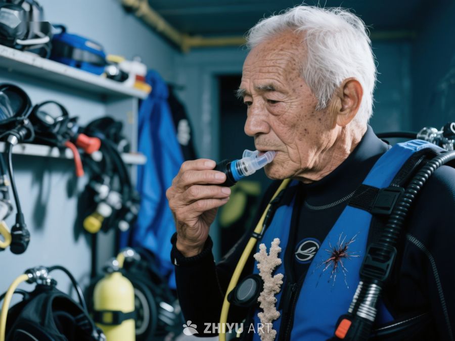 老年潜水员在装备室内检查呼吸器 312