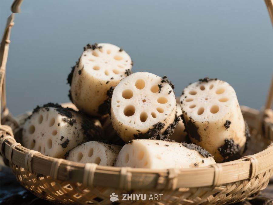 新鲜莲藕切片置于竹篮中 459