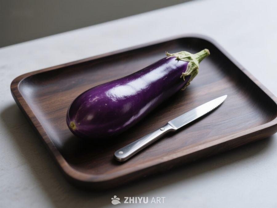 茄子与刀置于木质托盘 237
