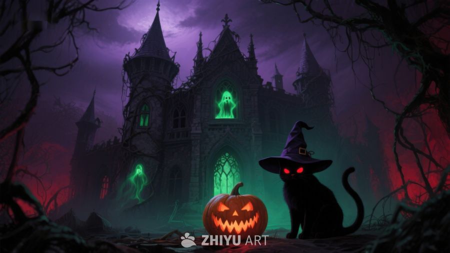 万圣夜幽灵城堡与南瓜猫