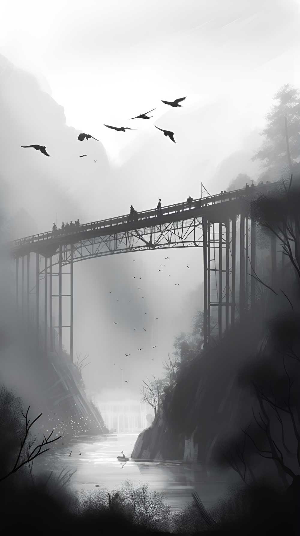 古风黑白桥山水画
