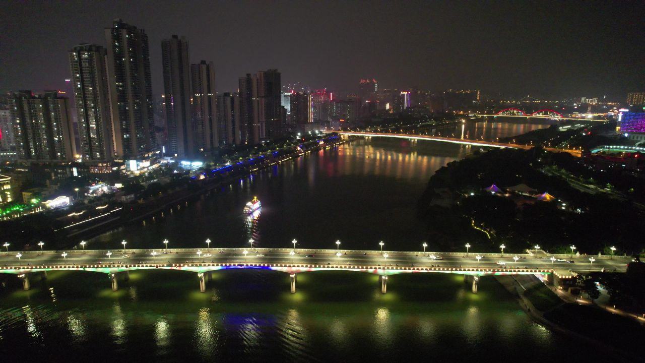 广西南宁大桥夜景灯光航拍
