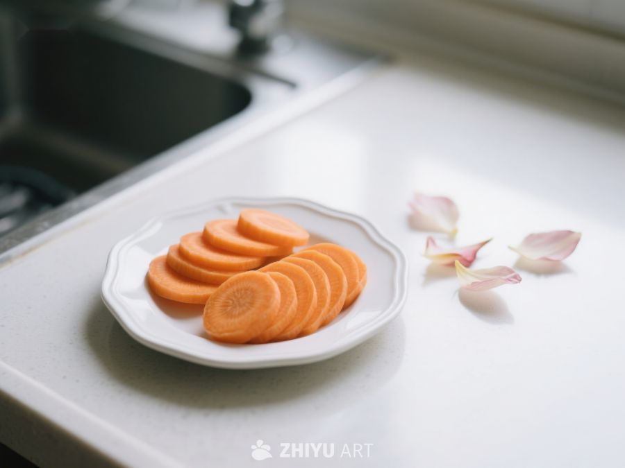 切片胡萝卜置于盘中，厨房台面静景 314