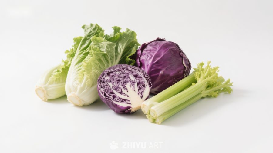 新鲜蔬菜组合：生菜、紫甘蓝与芹菜