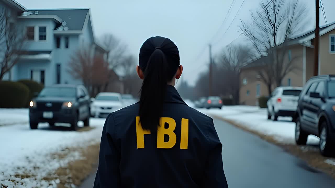 一个穿着印有黄色“FBI”字样黑色外套的女性，背对