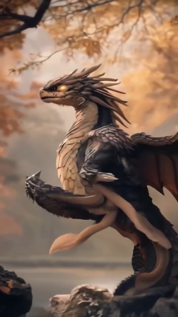 羽毛颈蛇形奇幻生物，金色落叶温暖背景