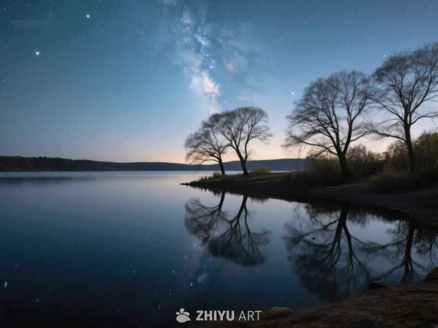夜空下的湖畔树影 341