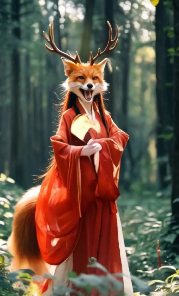 红衣狐狸面具女子立于森林，手持扇笑颜。