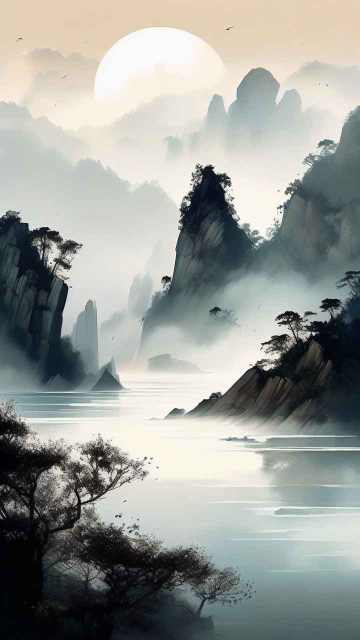 雾气缭绕水墨山水画简约风格 94