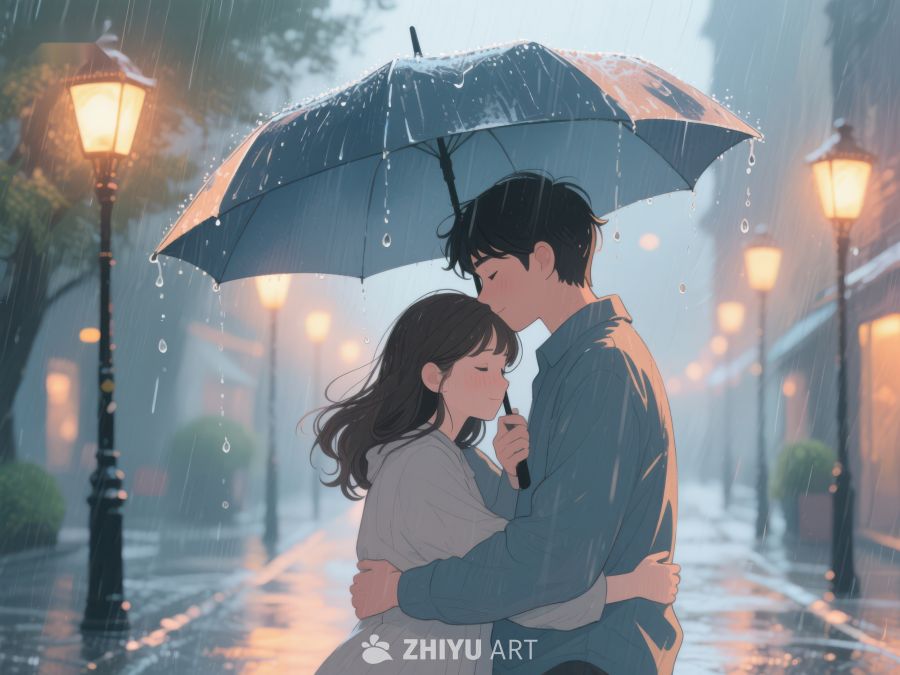 雨中情侣伞下相拥温馨场景 1177