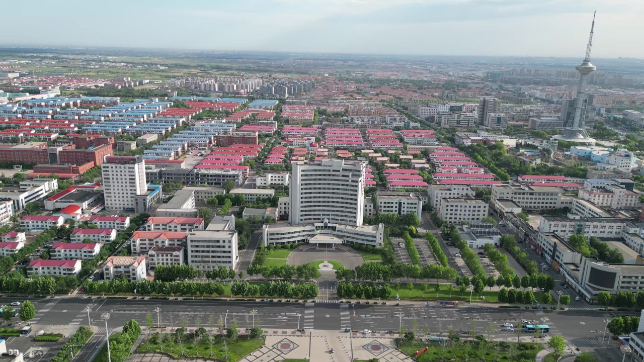 航拍山东东营城市建设城市风光