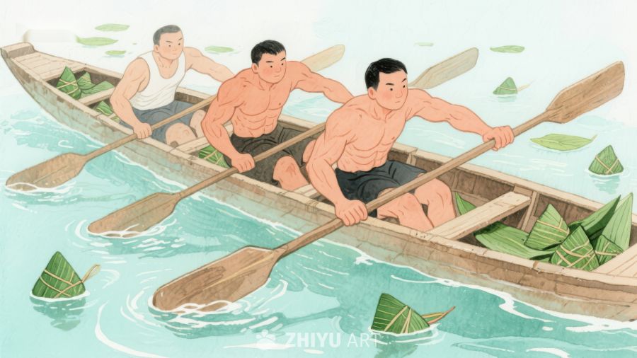 三人划船竞赛，粽叶点缀水面 371