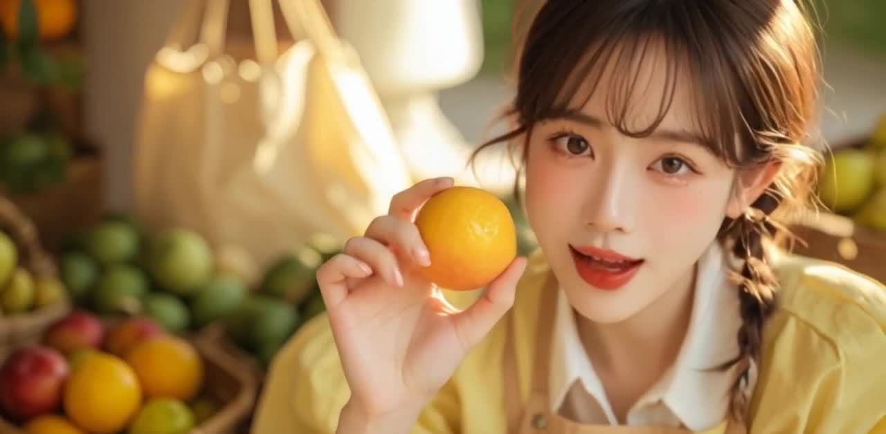 一个年轻女子正在镜头前，她穿着黄色的衬衫和围裙，留