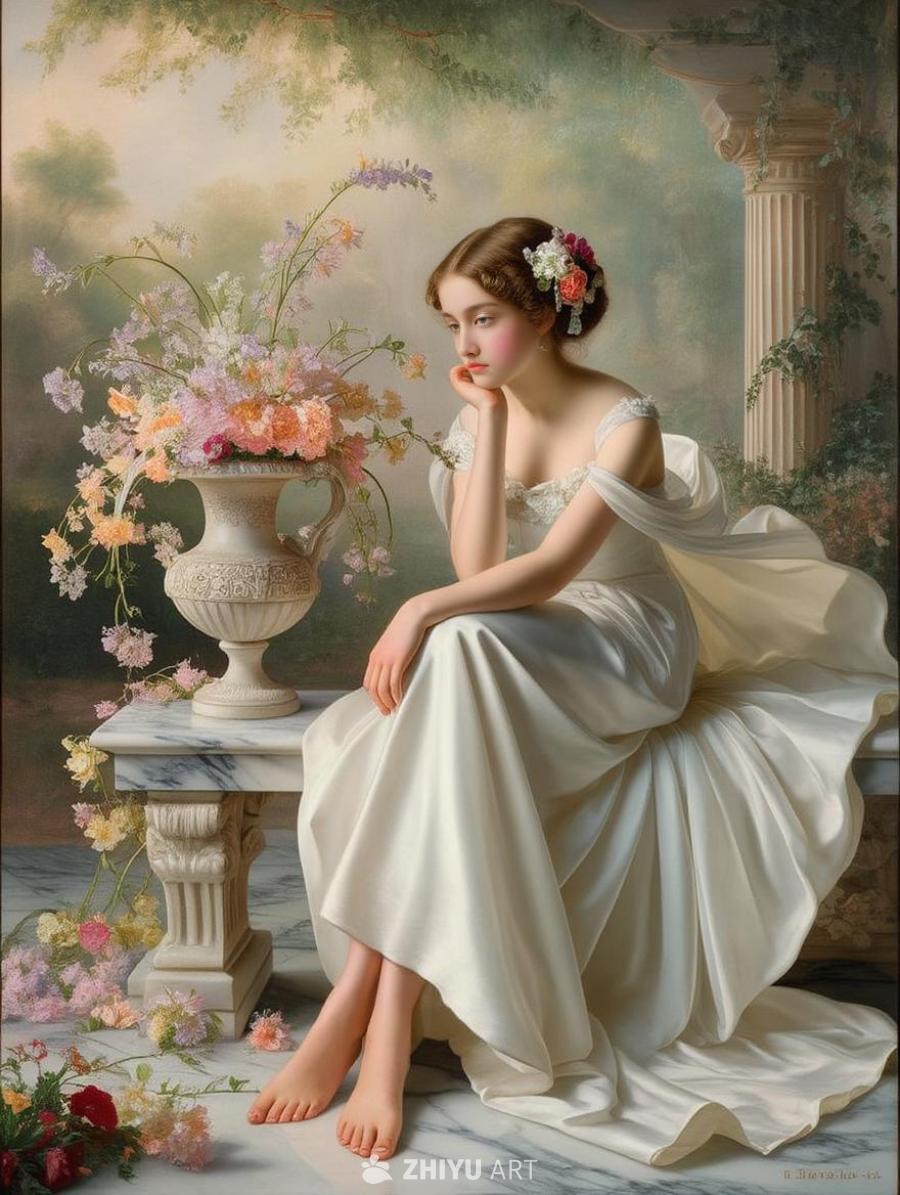一幅19世纪风格的油画，画中一位年轻女子身穿白色长