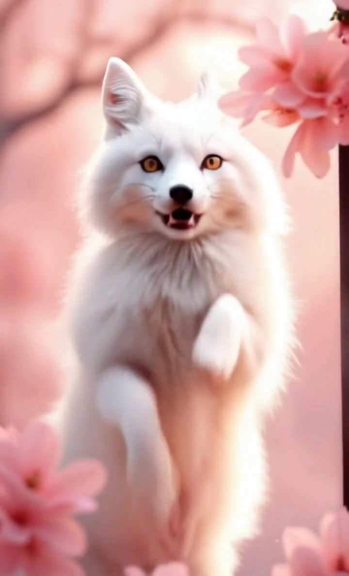 梦幻白狐与粉色花海