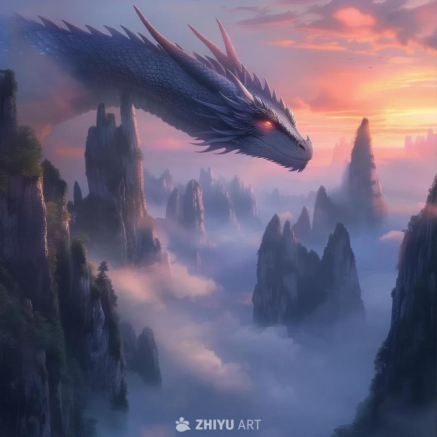 云雾缭绕的悬浮山，一条巨大的龙守护着它们，龙有着闪